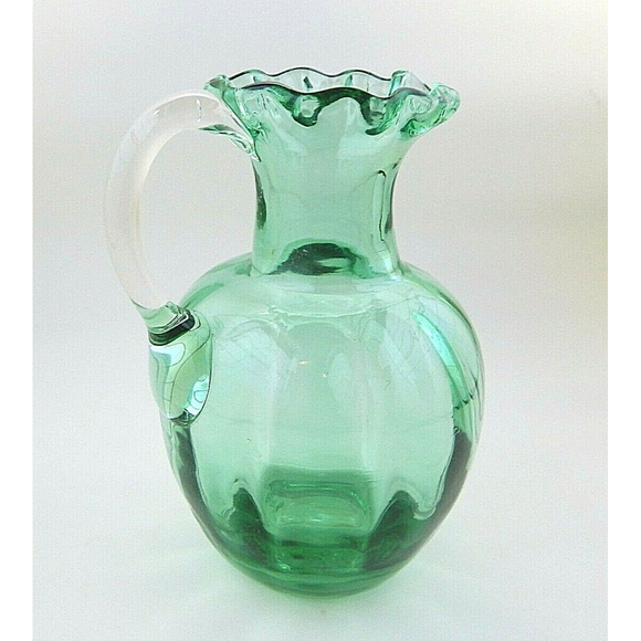 Art Glass Green Hand Blown Glass Small Pitcher Vase Ruffle Top - Picture 6 of 8